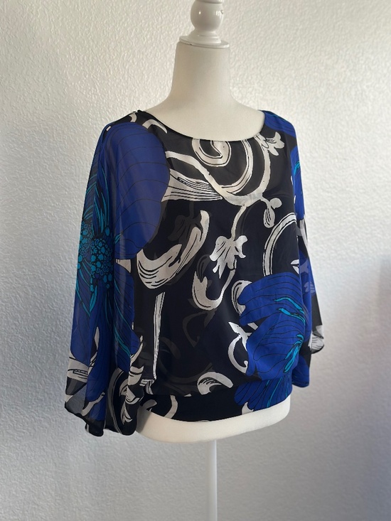 Alfani Tops - Alfani Petite Blue Black Abstract Floral Sheer Overlay Blouse Bell Sleeve Top